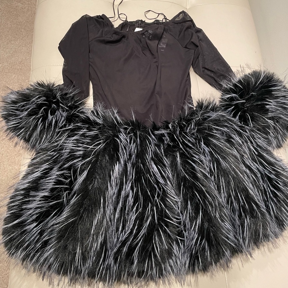 Black Off-Shoulder Long Sleeve Dress with Fur Hem - Picture 3 of 3